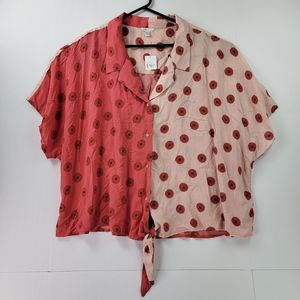 CATO Blouse Women Size 26 - 28 W Pink Floral Boho Tie Front Woven Button Front